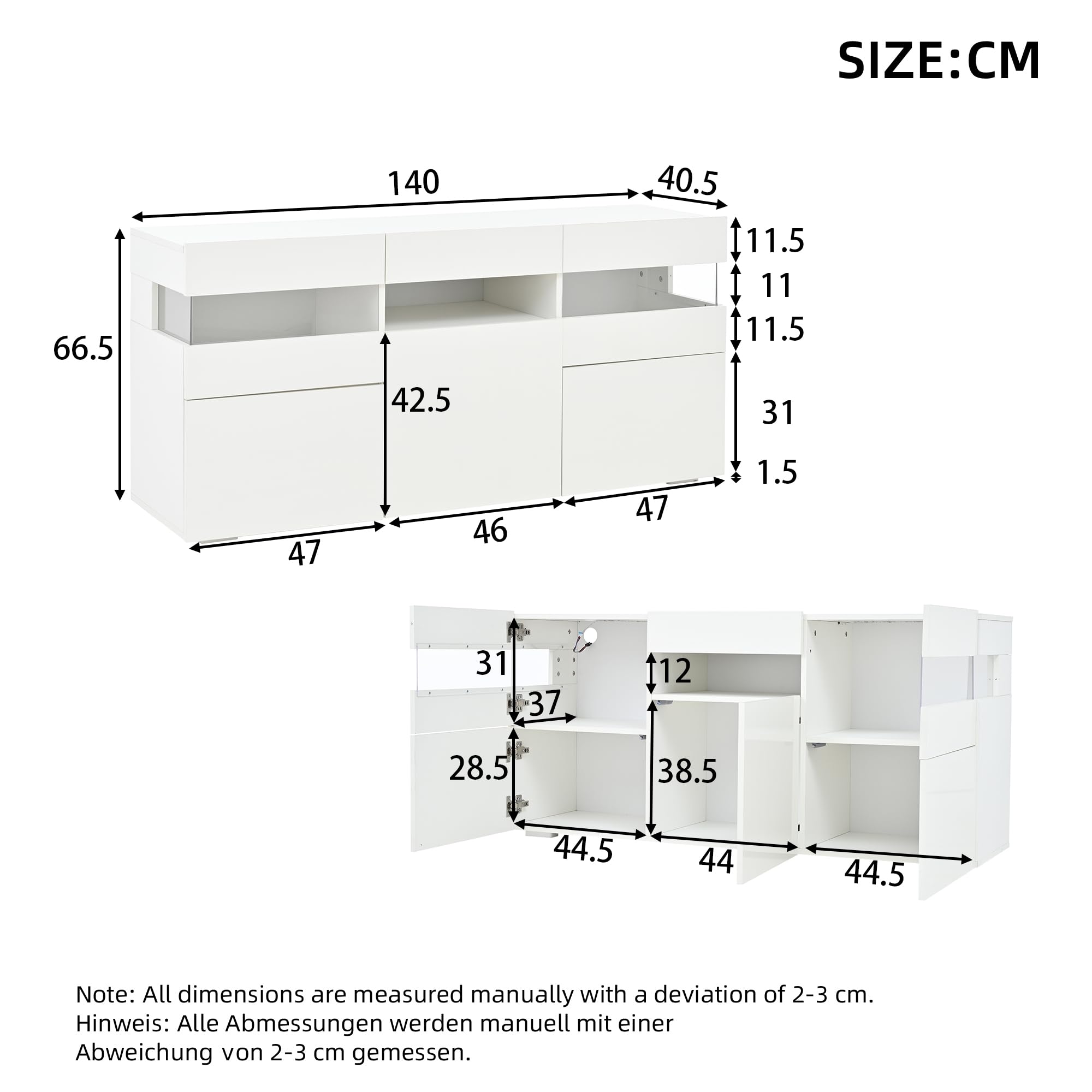 Wohnzimmer-Sideboard, Schrank mit 3 Türen und 7 Ablagefächern, Hochglanz-Wohnzimmerschrank mit LED-Lichtleiste, Allzweckschrank mit Transparentes Acrylgehäuse, 140 * 40,5 * 66,5cm, Weiß
