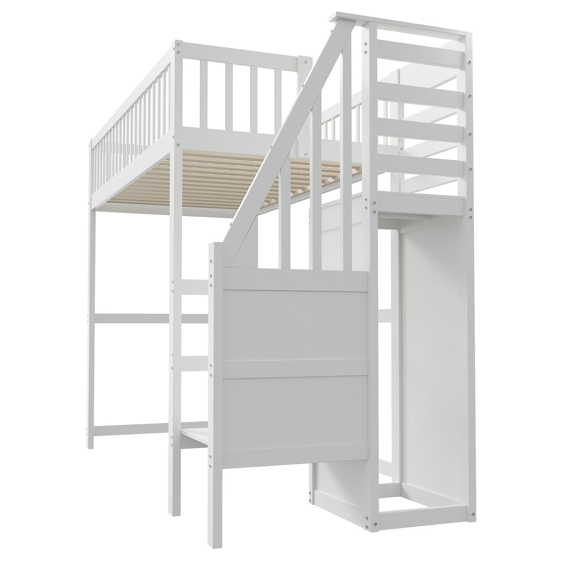 YESGIGA Cama alta 90 x 200 cm con escalera, cuna blanca de madera con estante de almacenamiento, armario sencillo (blanco, 90 x 200 cm)