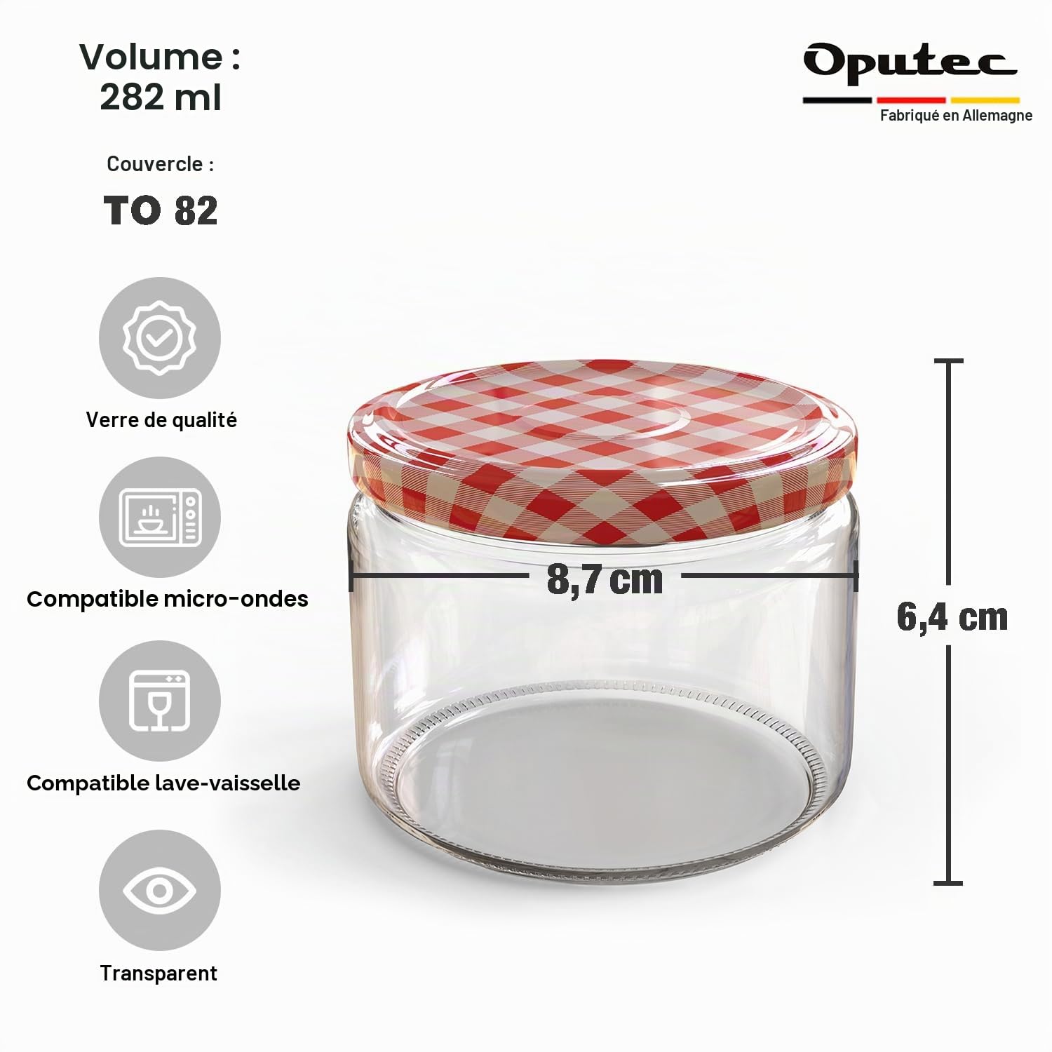 Oputec Lot de 48 bocaux de 282 ml avec couvercles à visser rouges à carreaux – Parfaits pour les confitures, les confitures et plus encore, petits bocaux avec couvercle, parfaits comme pots à