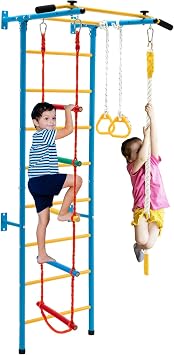 HONEY JOY Climbing Toys for Toddlers, Upgrade Metal Indoor Kids Gym for Solid Wall, Playground and Climbing Exercise Set with Rope Ladder, Pull-up Bar, Monkey Bars, Gymnastic Rings 5 in 1