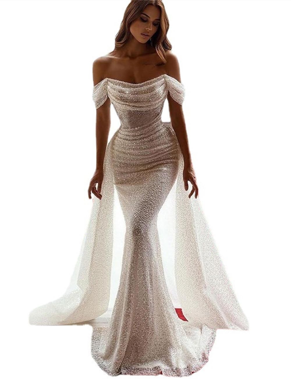 Długa sukienka maxi, elegancka, seksowna, obcisła sukienka z szyfonu, duży pan, sukienka księżniczki, ślub, zaręczyny, biały, 38