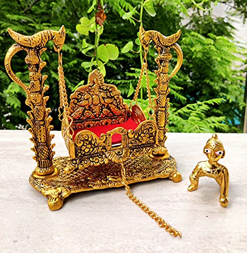 Image of Wonder Care | Laddu Gopal with jhula Statue Sculpted in Great Detail in Ivory Antique Golden Finish - Laddu Gopal | Home Decor | Mandir | Gift | Hindu God Idol (Laddu Gopal+Jhula Combo+Roli Chawal)