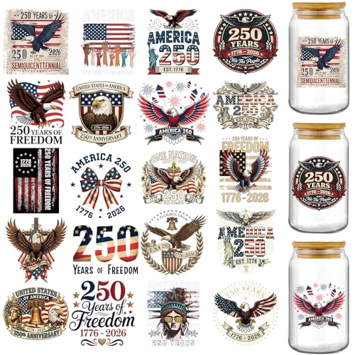 UV DTF Cup Wraps - 20 Sheets USA 250th Cold Transfer Stickers for Glass Cups, Eagle Bow Waterproof Decals for DIY Tumbler 16 oz Water Bottle Coffee Mug Bumper Crafts Gift