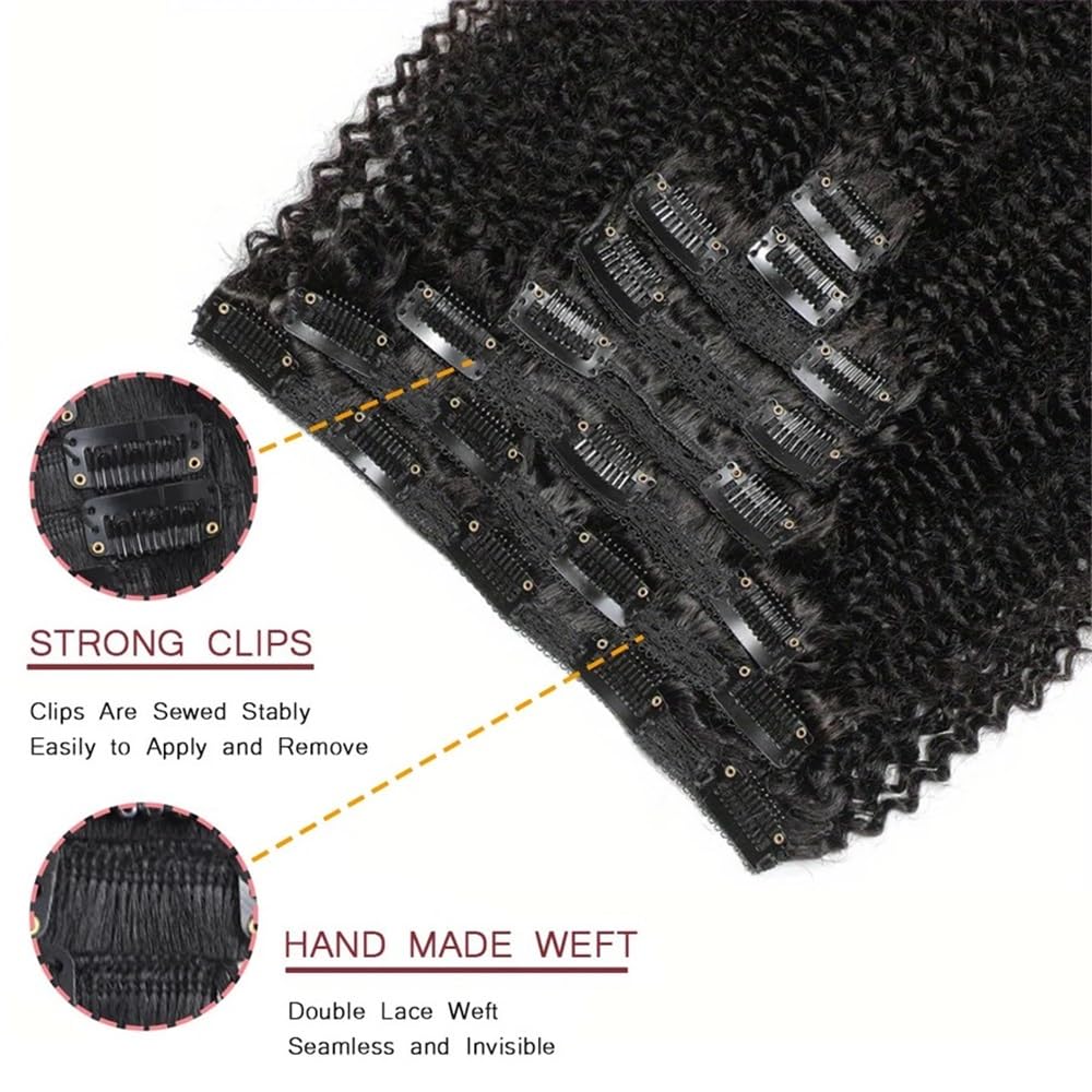 Extensiones de cabello de moda Extensiones de cabello rizado con clip, humano 100% brasileño Remy, color negro natural for mujeres Suaves(16inches)