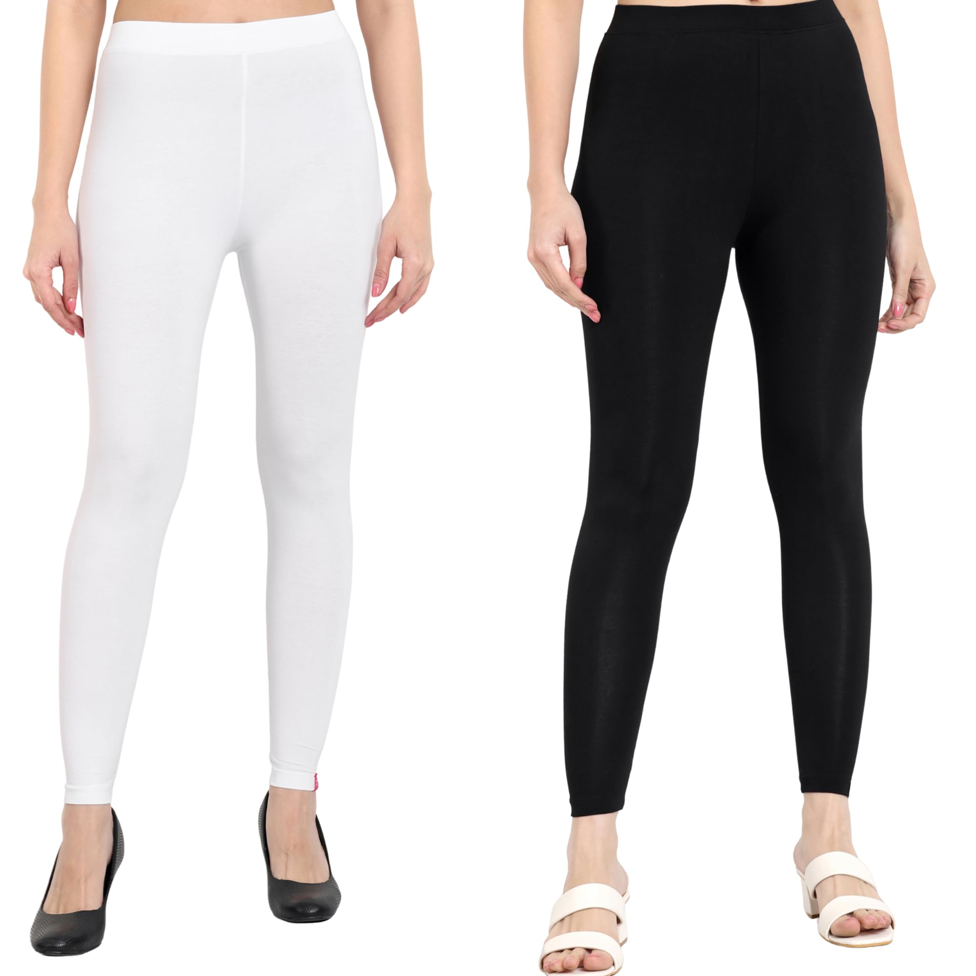 T2 Womens Ankle Length Leggings | Cotton Combo Leggings |180% GSM| Pack of 2 (White, Black)