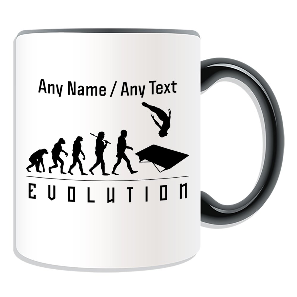 UNIGIFT Personalised Gift - Trampolining Mug (Evolution Design Color) Any Name Message on Unique - Team Player Outline Contour Olympic Game Sport Bouncing Jumping Somersaults Twists Tumbling