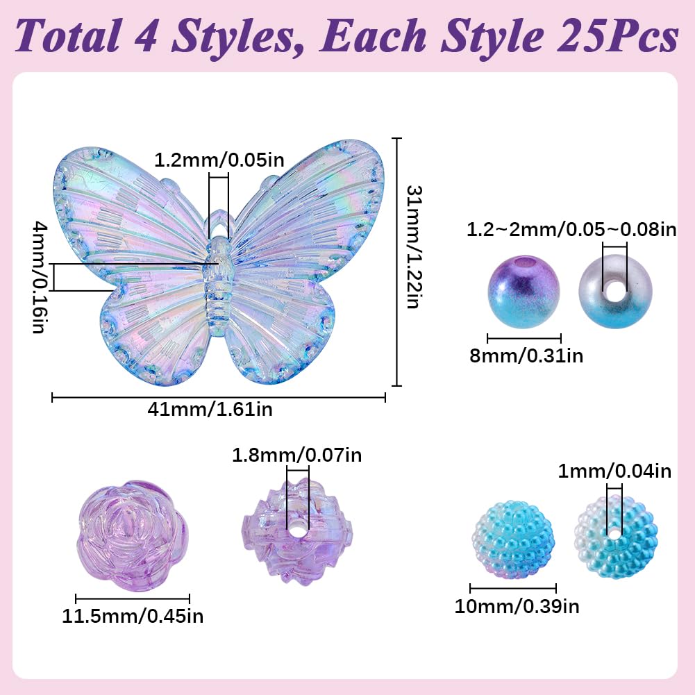 SUNNYCLUE 1 Box 100Pcs 4 Styles Acrylic Butterfly Bead Transparent Flower Beads Bulk Assorted Round Ball Pearl Bubblegum Loose Spacer Bead for Bracelet jewellery Making DIY Necklace Crafts Accessories - Image 2