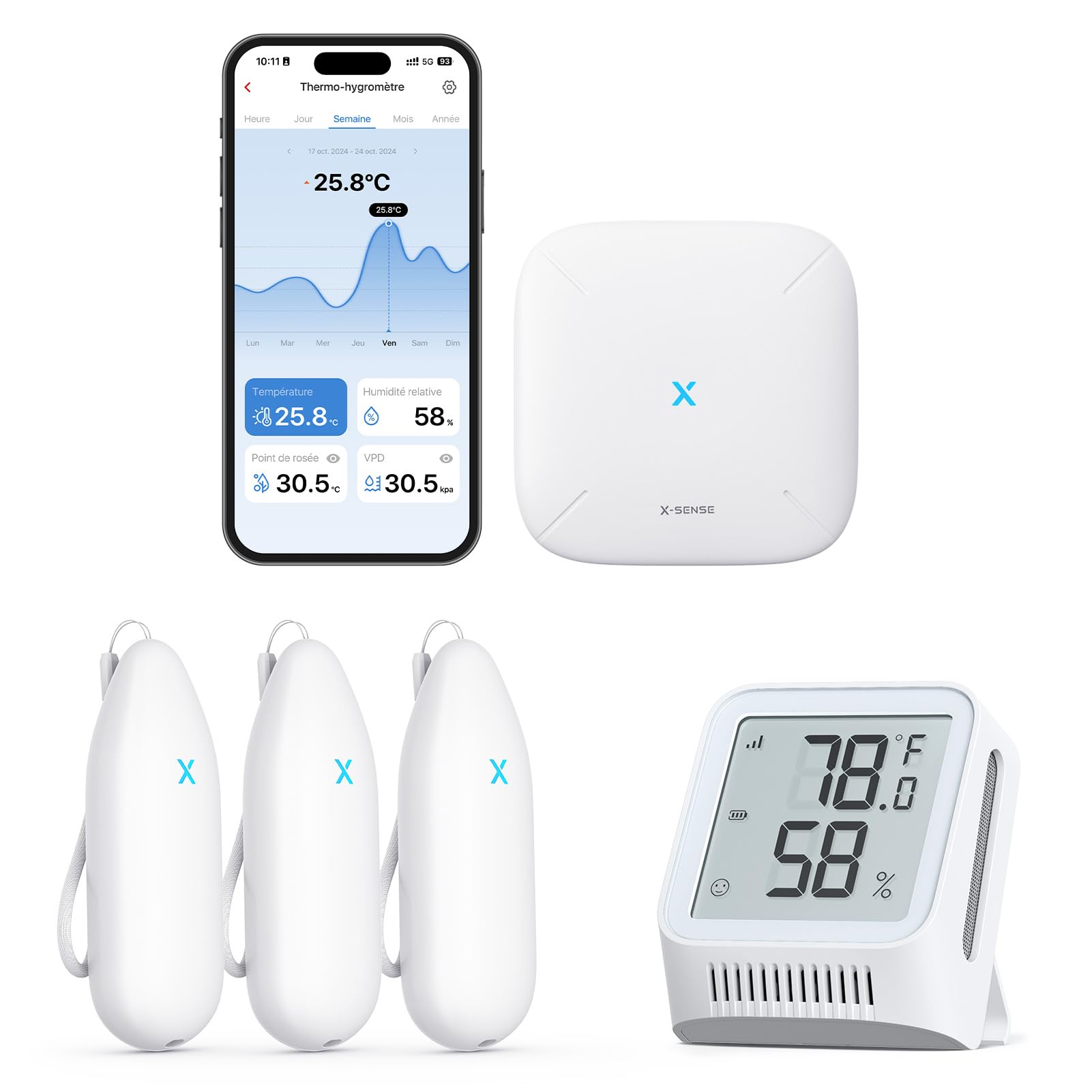 X-Sense Thermomètre-Hygromètre Wi-Fi Avec Station de Base SBS50 STH54 et Thermomètre-Hygromètre Wi-Fi STH0A, Lot de 1