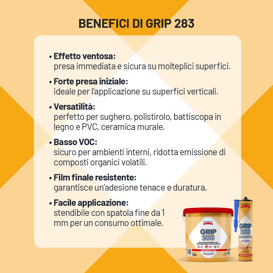 TECNOSTUK - Grip 283 – Colla Acrilica Universale ad Alta Adesione per Rivestimenti Murali, Boiserie, Battiscopa e Mensole fino a 30 kg – ADESIVO PER SUGHERO A SPATOLA - 5 KG