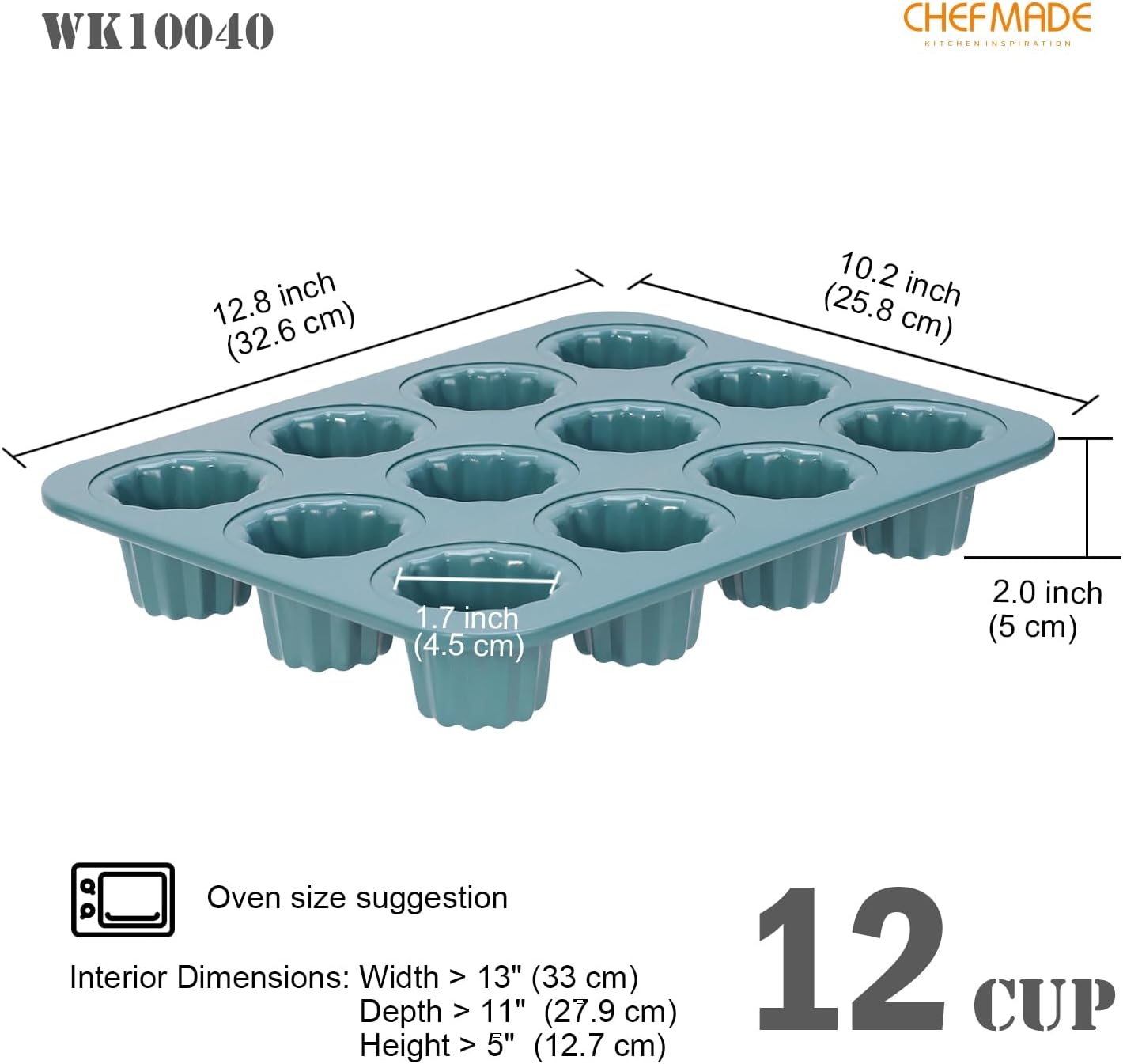 CHEFMADE Canele Mold Pan, 12-Cavity Nonstick Carbon Steel Bakeware (Green) | Nonstick Canele Mold Cake Pan, Carbon Steel Muffin & Cupcake Bakeware, Standard Baking Mold for Oven, Even-Heat, Easy Release