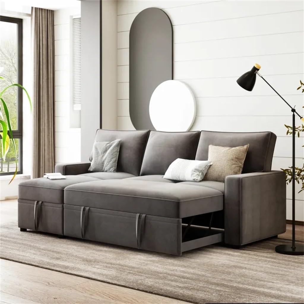 82.1" Reversible Sectional Sofa with 2 Pull-Out Sleepers, Space Saving Functional Sofa Bed, Chaise with Loveseat,Grey