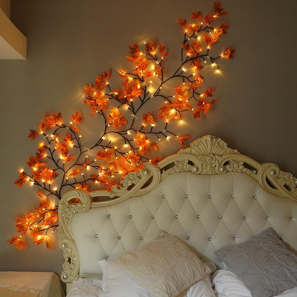 Cherry Blossom Lights with 72 Maple Leaves, Wall Light White Decorative Tree Light for Bedroom & Living Room, Flexible Branch Wall Decor, Decorative Fairy String Lights-image-18