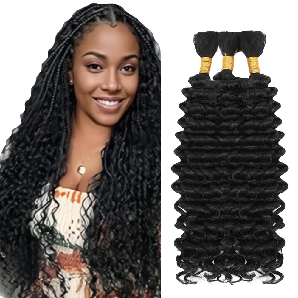 1B Natural Black Bulk hair for Braiding Deep Wave capelli umani 3 Bundles/Pack No Weft Premium Braiding Hair Extensions for Boho Braids With Minimal Tangle 18 18 18 Inch