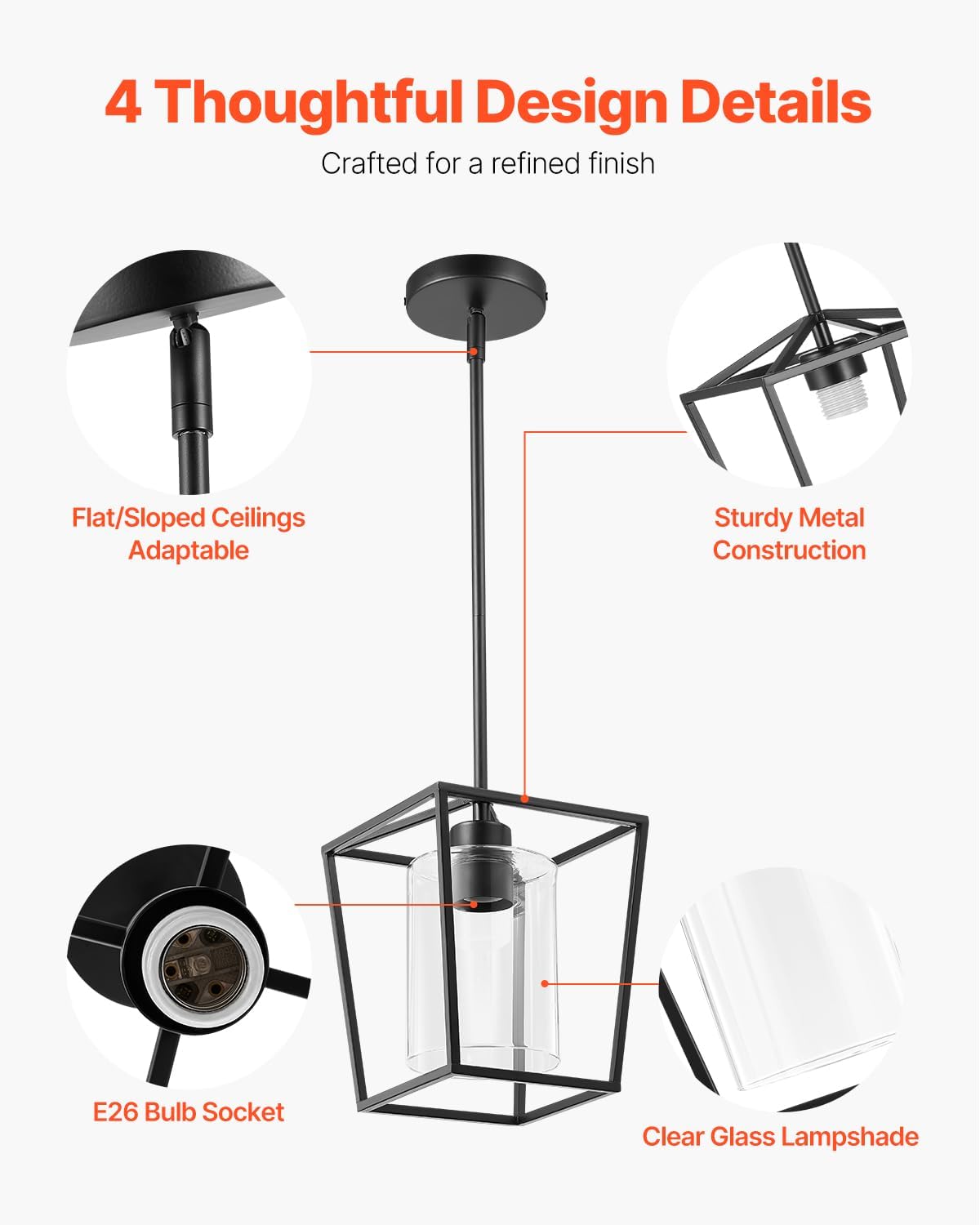 VEVOR 1-Light Black Pendant Light, 1 Pack, Farmhouse Iron Cage Metal Pendant Lighting with Clear Glass Shade, Adjustable Height Hanging Ceiling Lighting for Bedroom, Hallway, Entryway, Kitchen