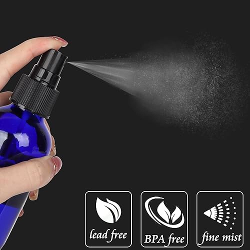 Miniatura 7 de CycleMore, 16 botellas de spray de vidrio azul de 120 ml, 4 oz, con rociadores de niebla fina, botellas de vidrio para viajes para cosméticos,