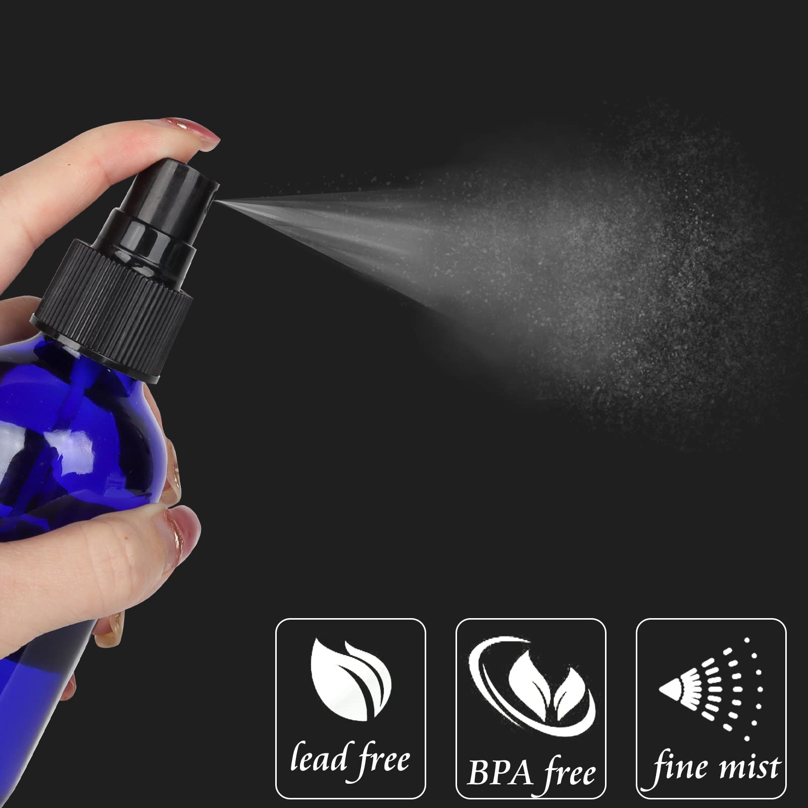 CycleMore Niebieskie szklane butelki z rozpylaczem o pojemności 120 ml, 16 sztuk, z drobną mgiełką, szklane butelki podróżne na kosmetyki, olejki eteryczne, perfumy i inne płyny (1 szczotka, 2 lejki i