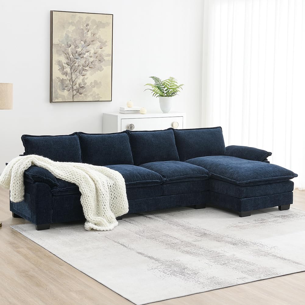 Sofá seccional azul de 118 pulgadas, sofá en forma de L, cómodo sofá de nube de chenilla con tumbona para sala de estar, departamento, oficina