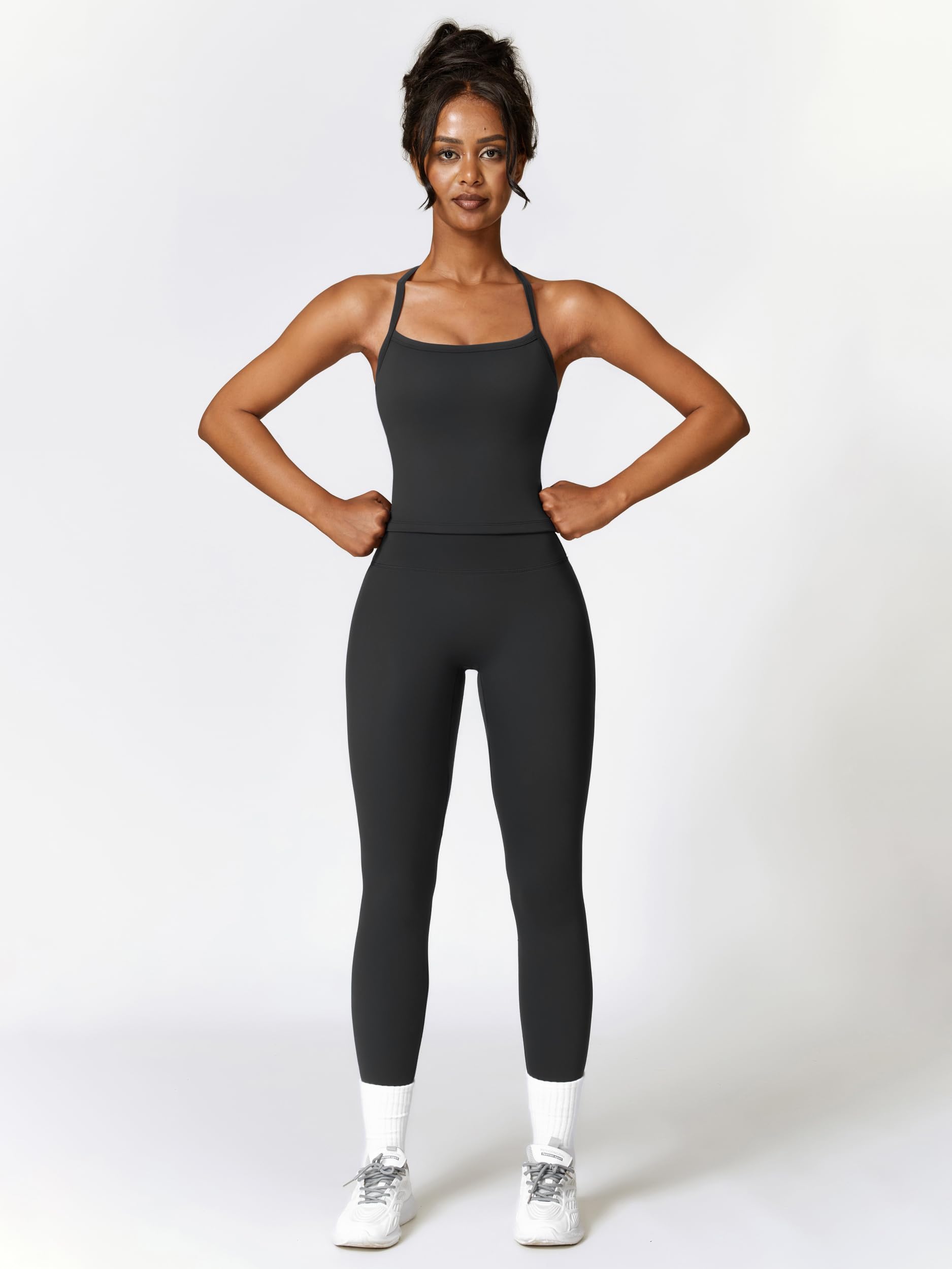 IDOPIP Tuta sportiva da donna in due pezzi per il fitness: allacciatura al collo, abiti estivi con imbottitura e leggings alti – Set da palestra con dorso della cinghia per yoga, pilates e allenamento