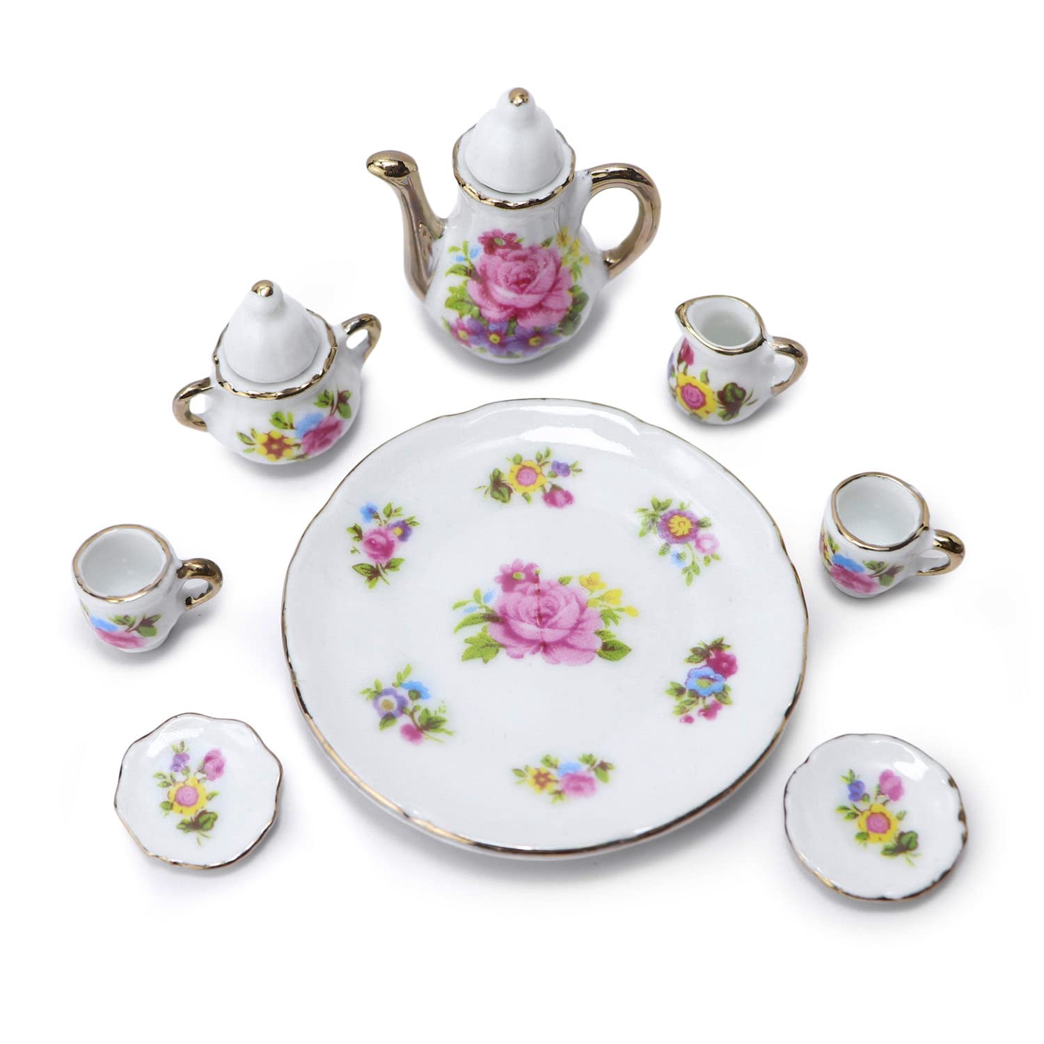 Juego de tazas de té para casa de muñecas, a escala 1:6, accesorios para casa de muñecas en miniatura, 8 piezas, patrón de flores, tetera, plato, juegos de platos, decoración para casa de muñecas 5