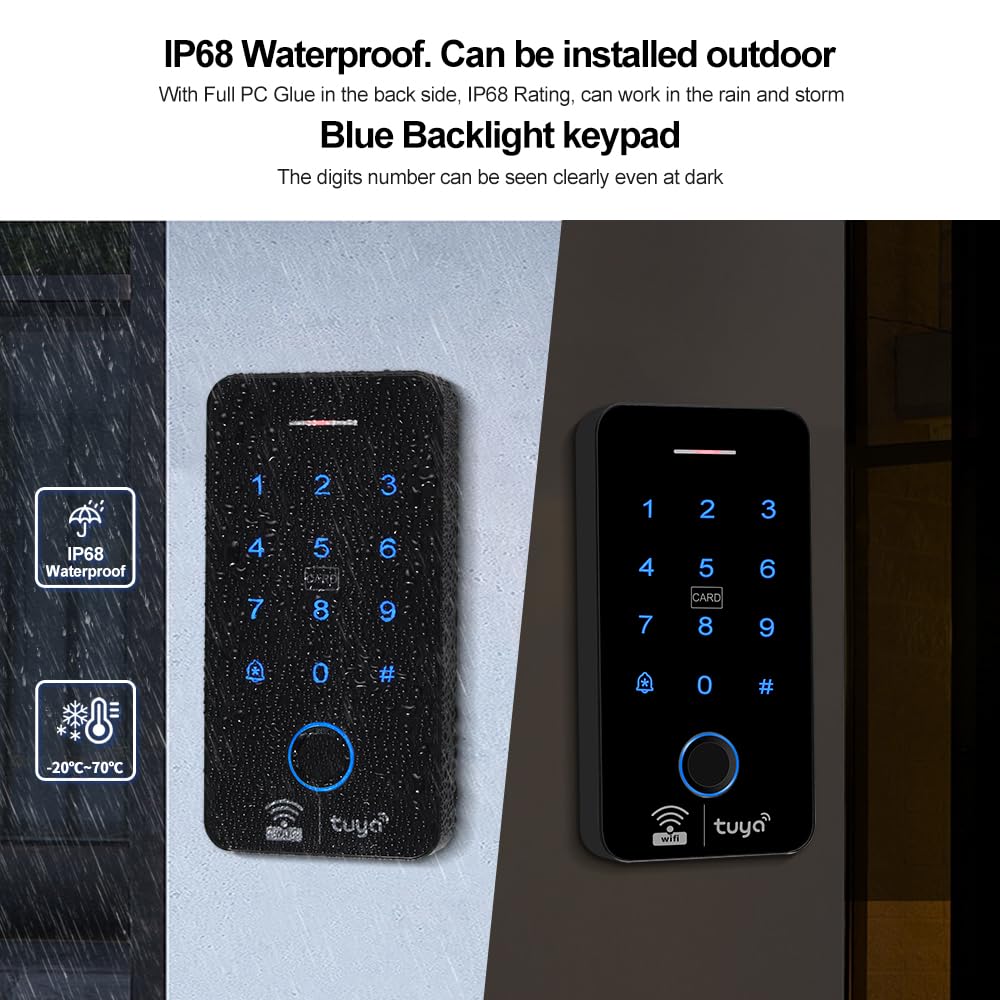Kit de sistema de control de acceso WiFi Tuya con teclado de huellas dactilares impermeable IP68, bloqueo magnético en modo NC (180 kg/350 libras), 10 llaveros RFID de 125 KHz, fuente de