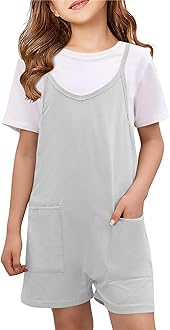 Girls Summer Jumpsuits Spaghetti Strap Sleeveless Loose Romper Short Pants with Pockets 5-14 Years