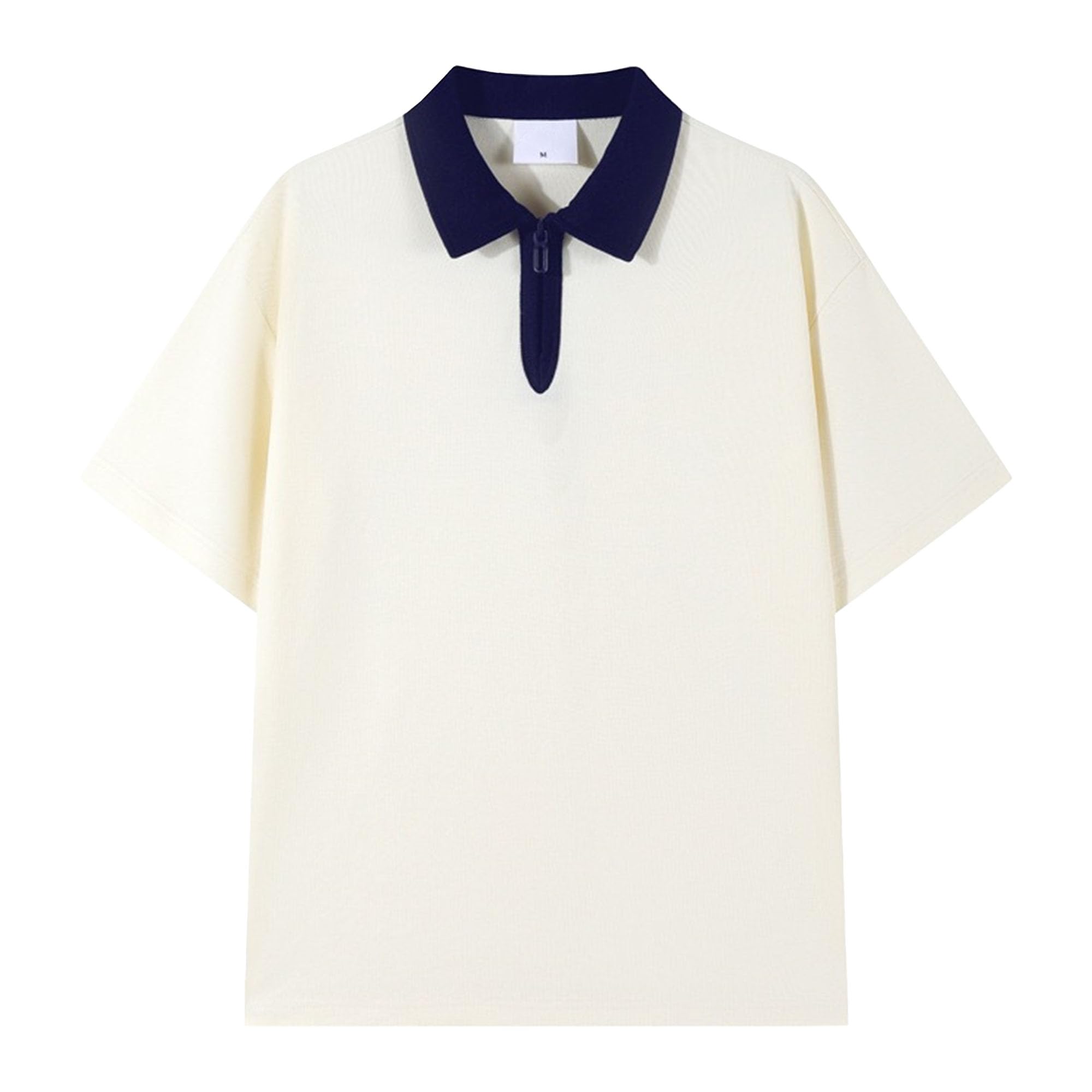 Men Loose Contrast Paul Collar Shirts Quarter Zipper Lapel Cotton Couple Shirt Summer Cute Date Simple Pullover Top (Off Apricot,Medium)