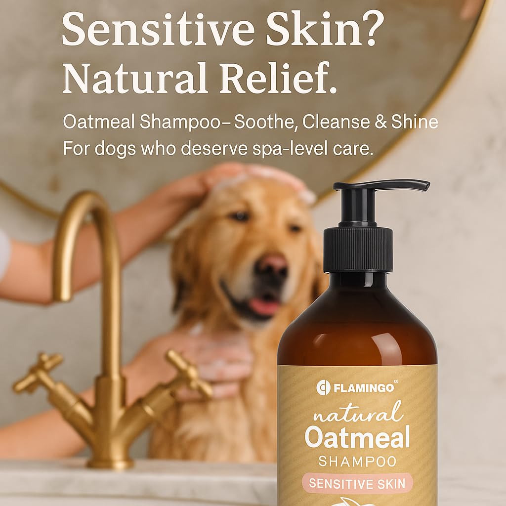 Shampoing Chien - shampoing pour Chien - 500ml - Spécialement la Peau Sensible - pour Le Traitement de la Peau sèche et irritée - Flamingo Shampooing Naturel à l'avoine