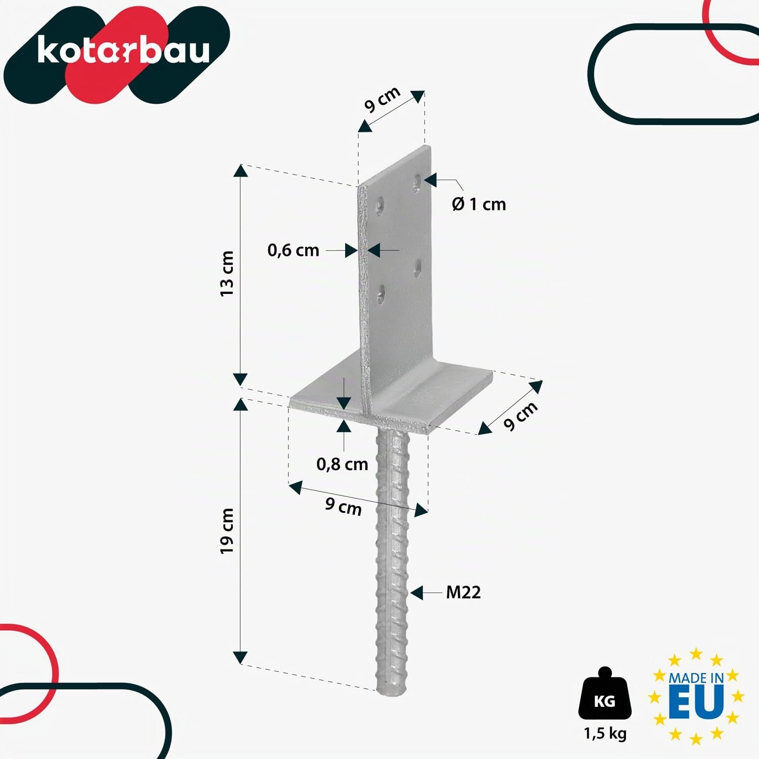 KOTARBAU® Support de poteau en T 130 x 90 x 6 mm à sceller dans le béton avec ancrage béton en acier d'armature, galvanisé à chaud