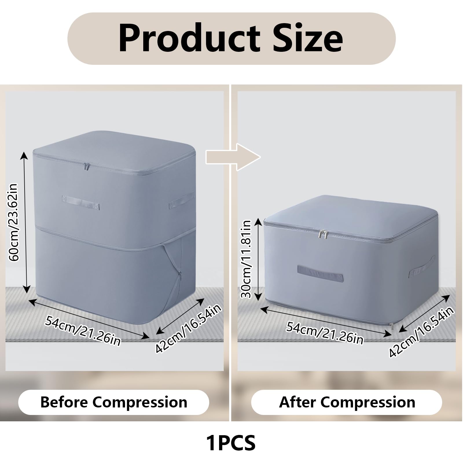1 x organizer samokompresujący, torba do przechowywania kołder z zamkiem błyskawicznym, torba kompresyjna, kolor szary, ultra Space Saving Self Compression Organizer Bag (54 x 42 x 60 cm)