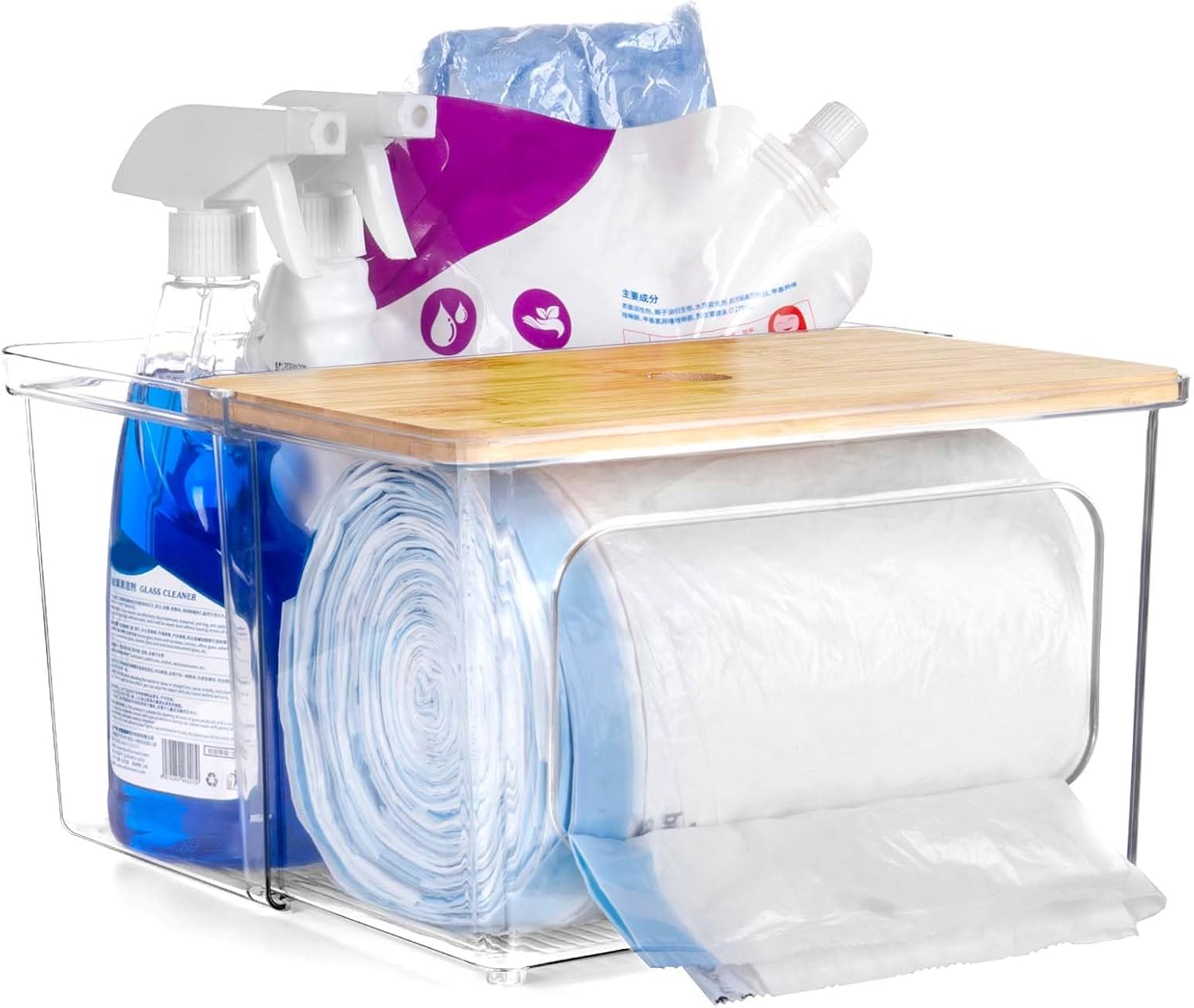 2 in 1 Trash Bag Dispenser Holder – Clear Acrylic Plastic Garbage Bags Container Tissue Box with Bamboo Lid Large Under Sink Organizer Kitchen Pantry Shelf Laundry Room Organization and Storage