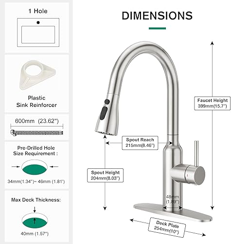 Miniatura 6 de CREA Grifos de cocina con rociador extraíble, grifos para fregadero de cocina, pequeños de arco alto RV de acero inoxidable con una sola manija