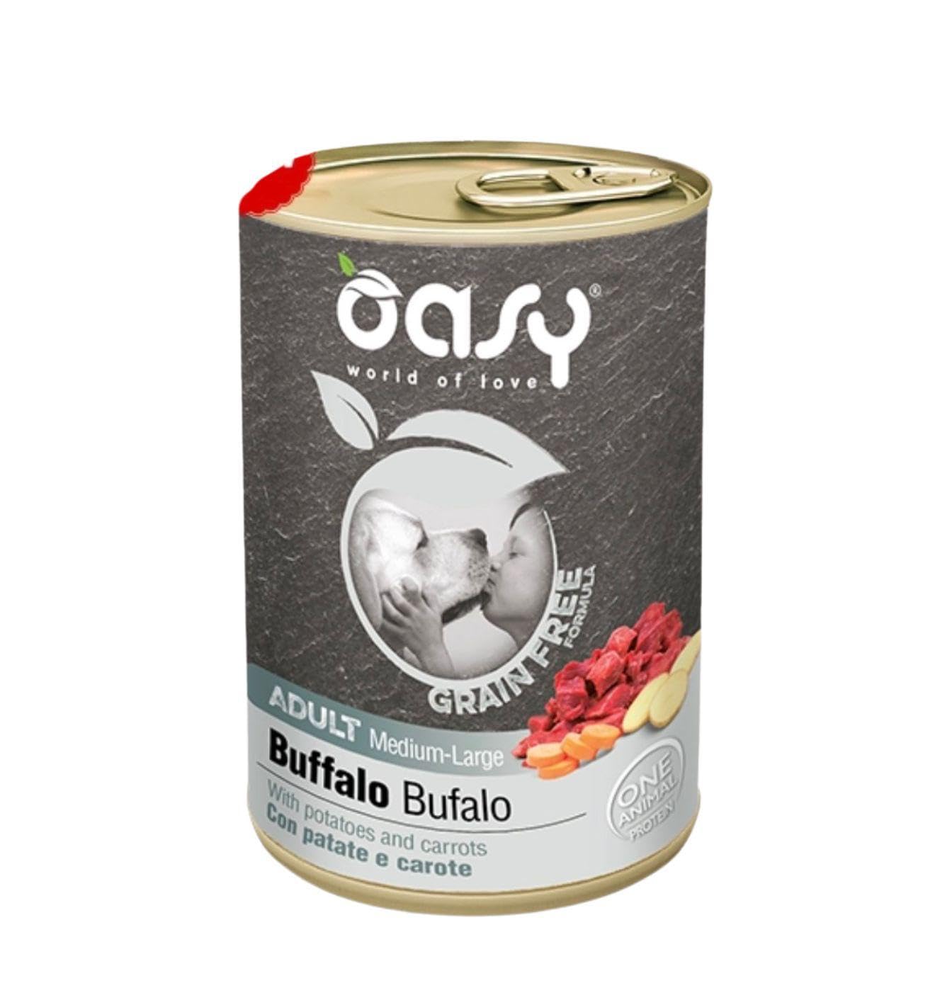 Oasy umido cane adulto grainfree, alimento completo per cani adulti di taglia media e grande (medium) gusto BUFALO | 6 scatolette da 400 grammi l’una.