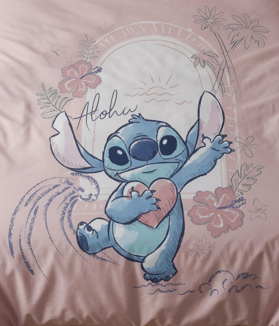 Stitch Rose Aloha Housse de Couette 240x220 + 2 Taies Coton Disney | Parure de lit 2 personnes réversible | Coton naturel respirant | Disney officiel | Cadeau couple | Lavable en machine