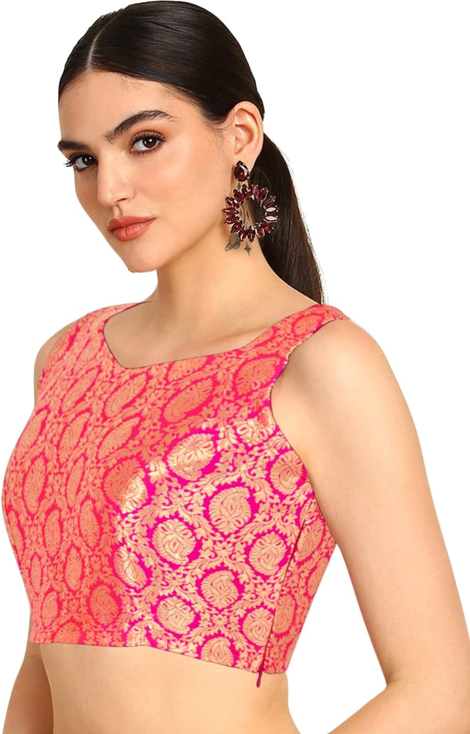 Chandrakal Womens Banarasi Brocade Sleeveless Readymade Saree Blouse (B229-P) - Image 3