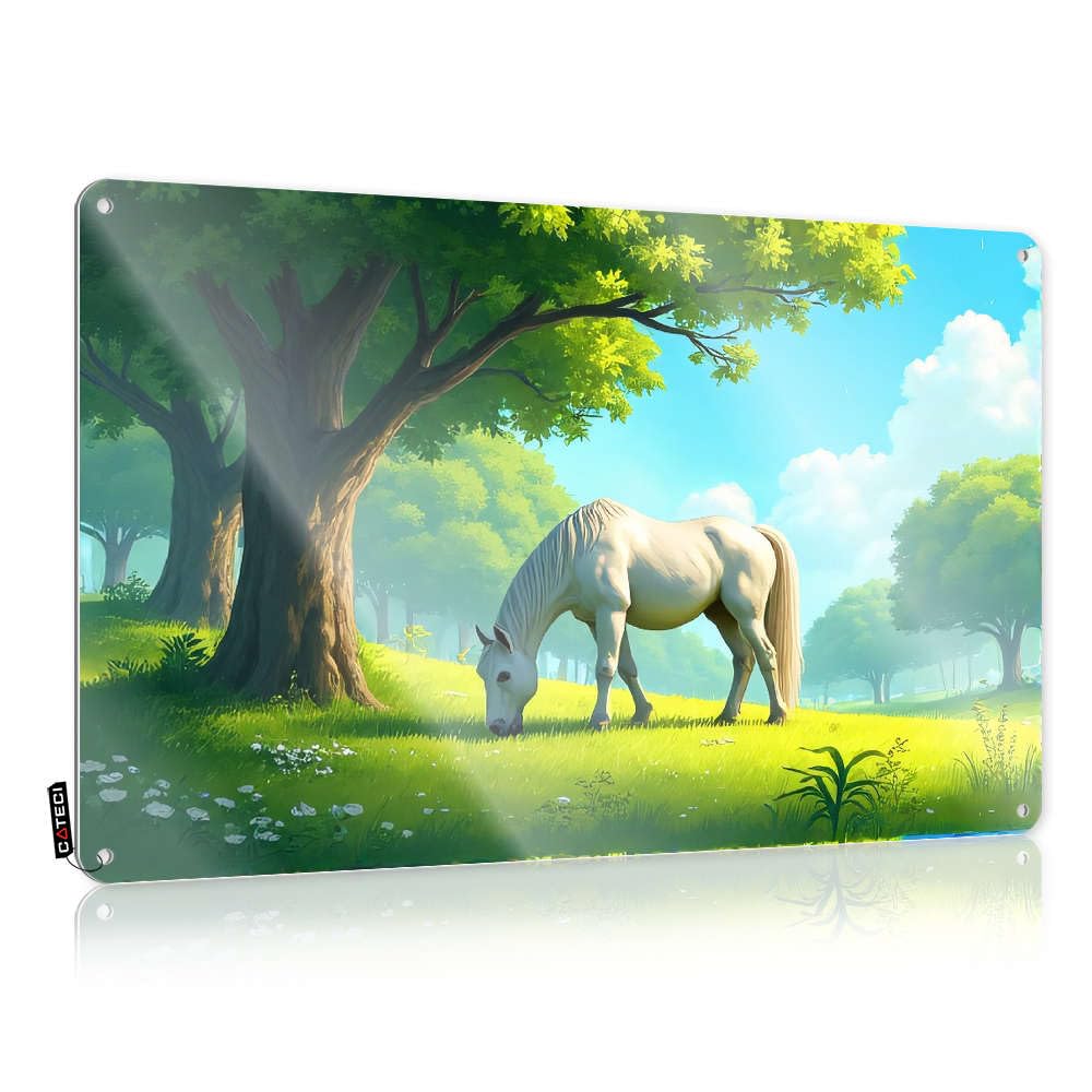 Art Tinsign Drive Sleek Bride Gift A White Horse Grazes Under A Tree In A Lush, Green Field. - Easy To Hang Art(30X40CM)