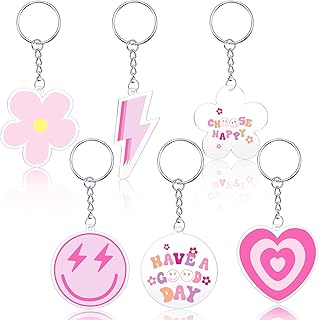 6 Pcs Preppy Smile Key Chain Acrylic Smile Face Keychain Happy Face Aesthetic Preppy Keychain for Backpack Cute Women's Keyrings and Keychains for Girls Purse Pink Accessories Charm, 6 Designs