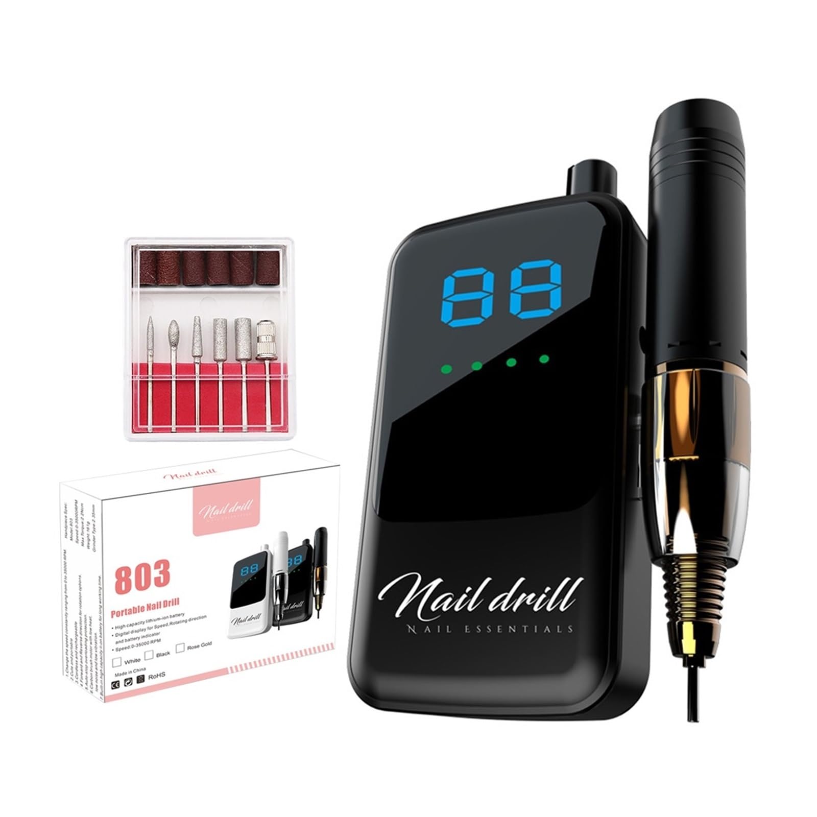 Nagelfräser, Nagelbohrmaschine Mit 35.000 U/min, Wiederaufladbarer Elektrischer Nagelpolierer, Tragbarer Nagelschleifer LCD-Display, Professionelle Maniküremaschine(Noir)