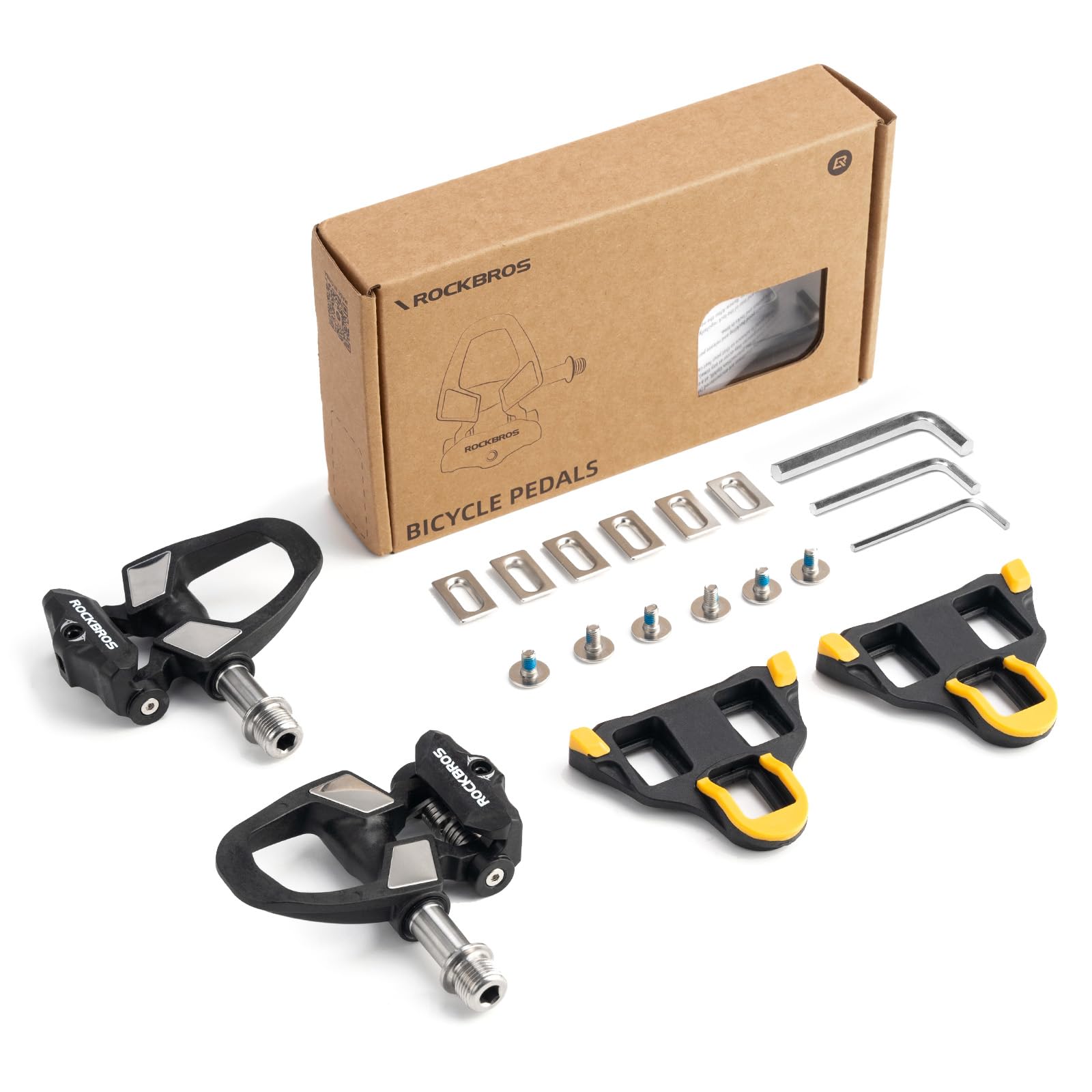 ROCKBROS Pedales Automáticos SPD para Bicicleta de Carretera, Pedales de Click Ultraligeros de Carbono con Tensión Ajustable, Rodamientos de Aguja y Bolas, Calas Incluidas, Negro