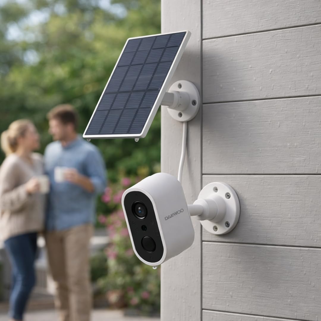 Alarma para casa conectada sin suscripción – Daewoo Security Smart Protect Safety Essential con cámaras HD, Sirena Solar, Detector de Humo y 4 contactores de Puerta – Compatible con Alexa & Google