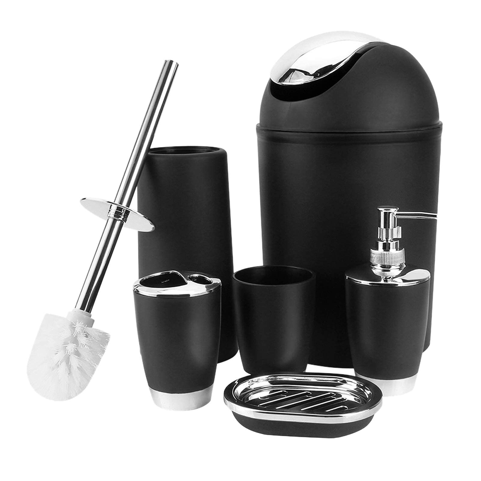 Ejoyous Set Accessori Bagno 6 Pezzi, Accessori Bagno Set in bambù con Tazza, Porta Spazzolino da Denti, Porta Zuppa, Bottiglia Disinfettante per Le Mani, Bidoni, Scopino