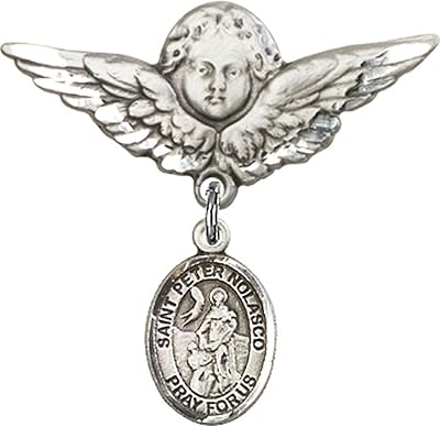Sterling Silver Baby Badge with St. Peter Nolasco Charm and Angel w/Wings Badge Pin 1 1/8 X 1 1/8 inches
