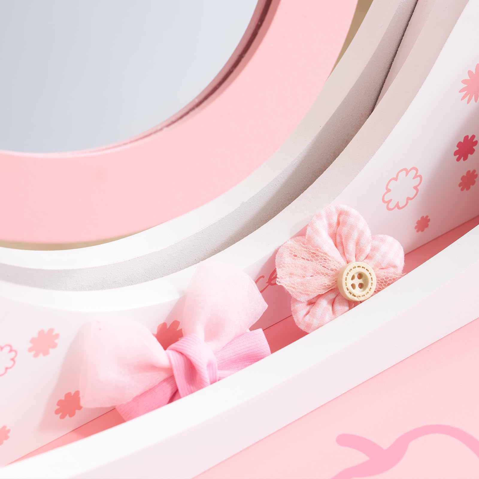 LEADZM Coiffeuse pour Enfants avec Miroir à Trois Volets, Coiffeuse Fille avec Imprimé Fruit Mignon & Tabouret, Table de Maquillage Princesse, pour 3 Ans+ (Rose)