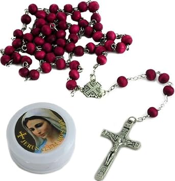 Bethlehem Gifts TM Rose smell Rosary Petal Red Rare Carved Beads & Silver Plated cross Holy Land