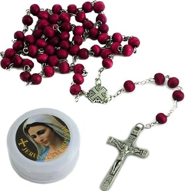 Bethlehem Gifts TM Red Rose Scented Rosary Beads Catholic Necklace Christian Pendant prayer Blessed Wood Long Israel