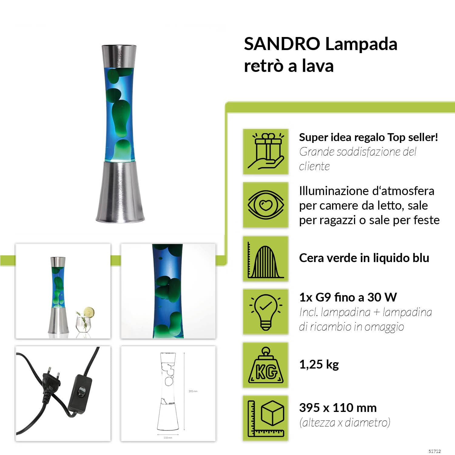 Licht-Erlebnisse Lampada di lava blu verde, lampada di lava retrò, 39,5 cm, sala delle feste, idea regalo di Natale, G9 30 W con interruttore a cavo, lampadina inclusa, lampada vulcano
