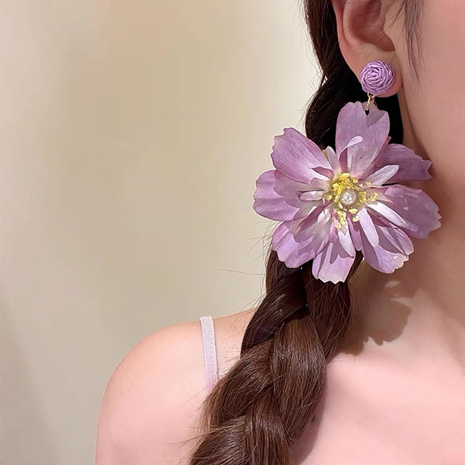 Large Flower Earrings for Women Boho Floral Statement Earrings Trendy Purple Flower Dangle Earrings Fashion Jewelry for Wedding Gifts - Image 3