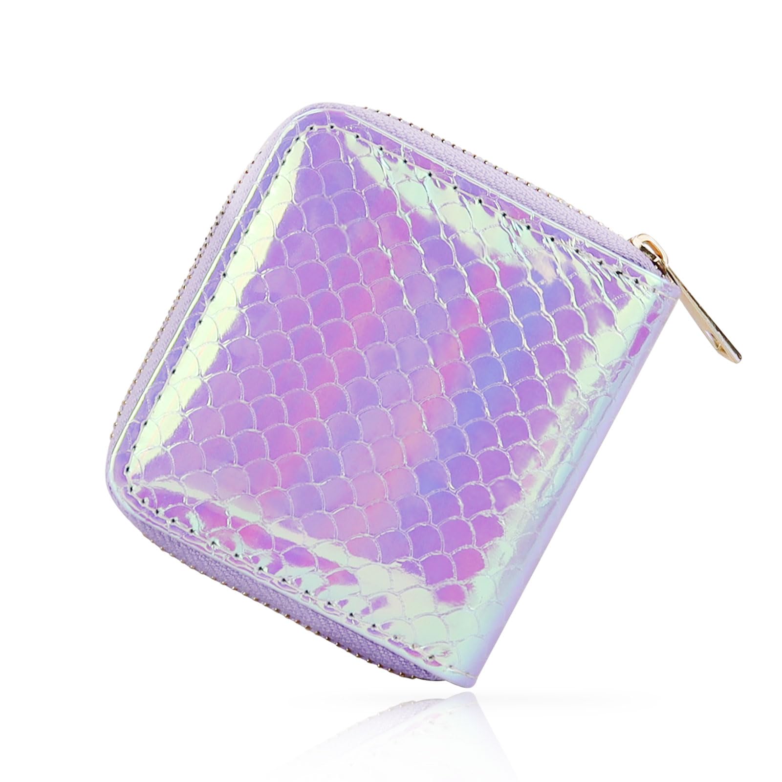 WisePoint Portemonnaie Damen Klein, Glänzende Meerjungfrau Muster Reißverschluss Kleine Geldbörse mit 2 Wechsel Steckplatz und 4 Karten Steckplatz, Kleines Portemonnaie für Kurze Reise (lila)