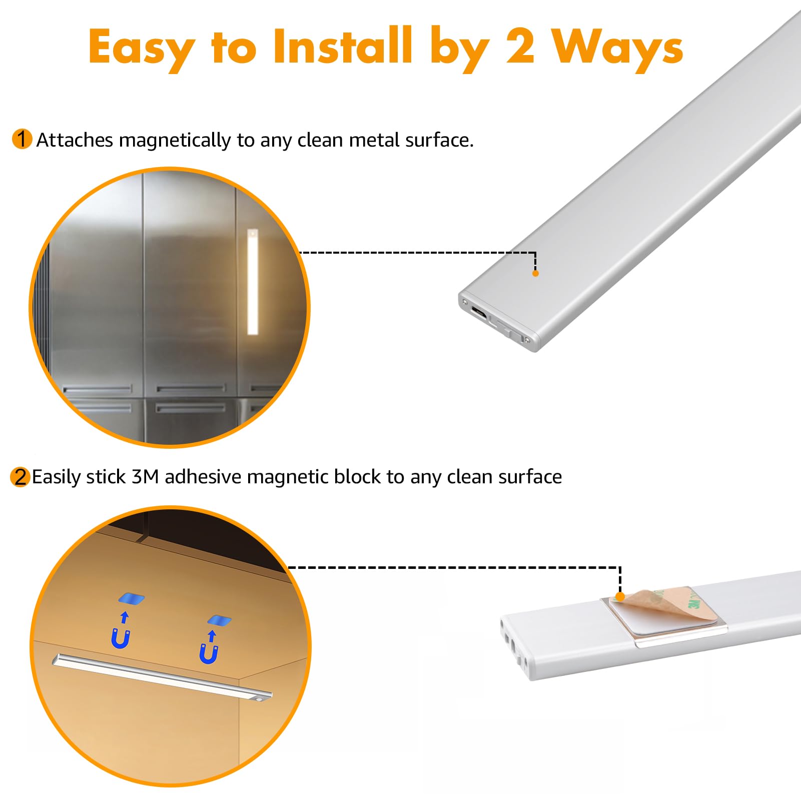 Klighten 2 Piezas Luz de Armario 40CM Recargable USB, Led Cocina Bajo mueble con Sensor Movimiento, 3 Modos, Luces Armario Adhesiva Magnetica Pilas, 73 LEDs, Blanco Cálido 3000K, 2200mah, Plata