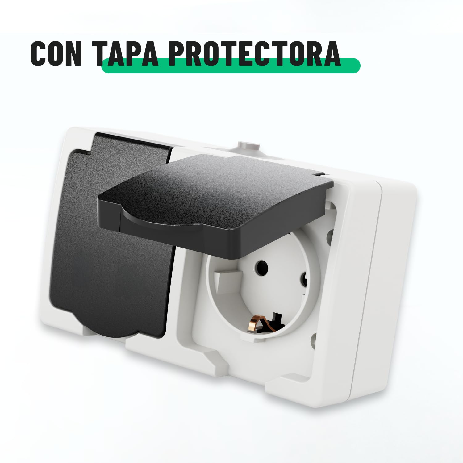 ABSINA Toma de corriente de superficie con contacto de puesta a tierra para lugares húmedos - 20 tomas de corriente de superficie de 2 gangs con tapa abatible IP44, 250V, 16A, 2 polos