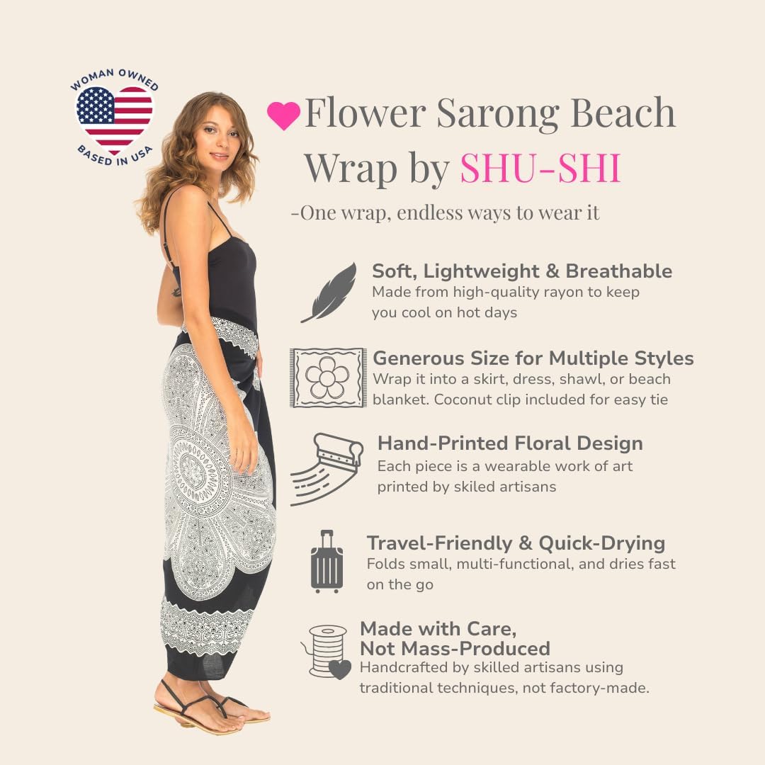 SHU-SHI Womens Beach Swimsuit Cover Up Flower Sarong Wrap with Coconut Clip - Image 2